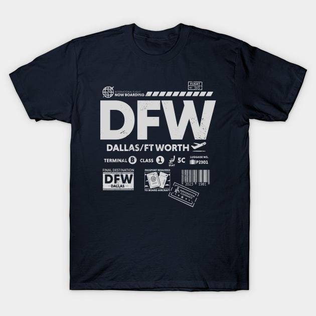 Vintage Dallas Fort Worth DFW Airport Code Travel Day Retro Travel Tag T-Shirt by Now Boarding